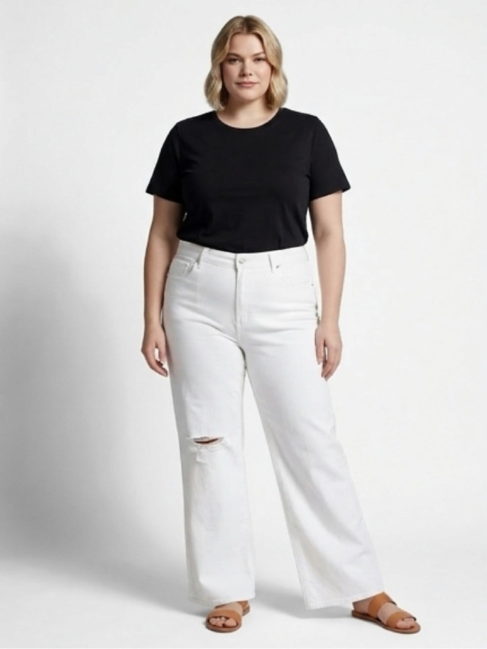 WOMEN’s WHITE DISTRESSED RISEN DENIM JEANS 1XL WIDE LEG FLATTERING HIGH RISE NWT